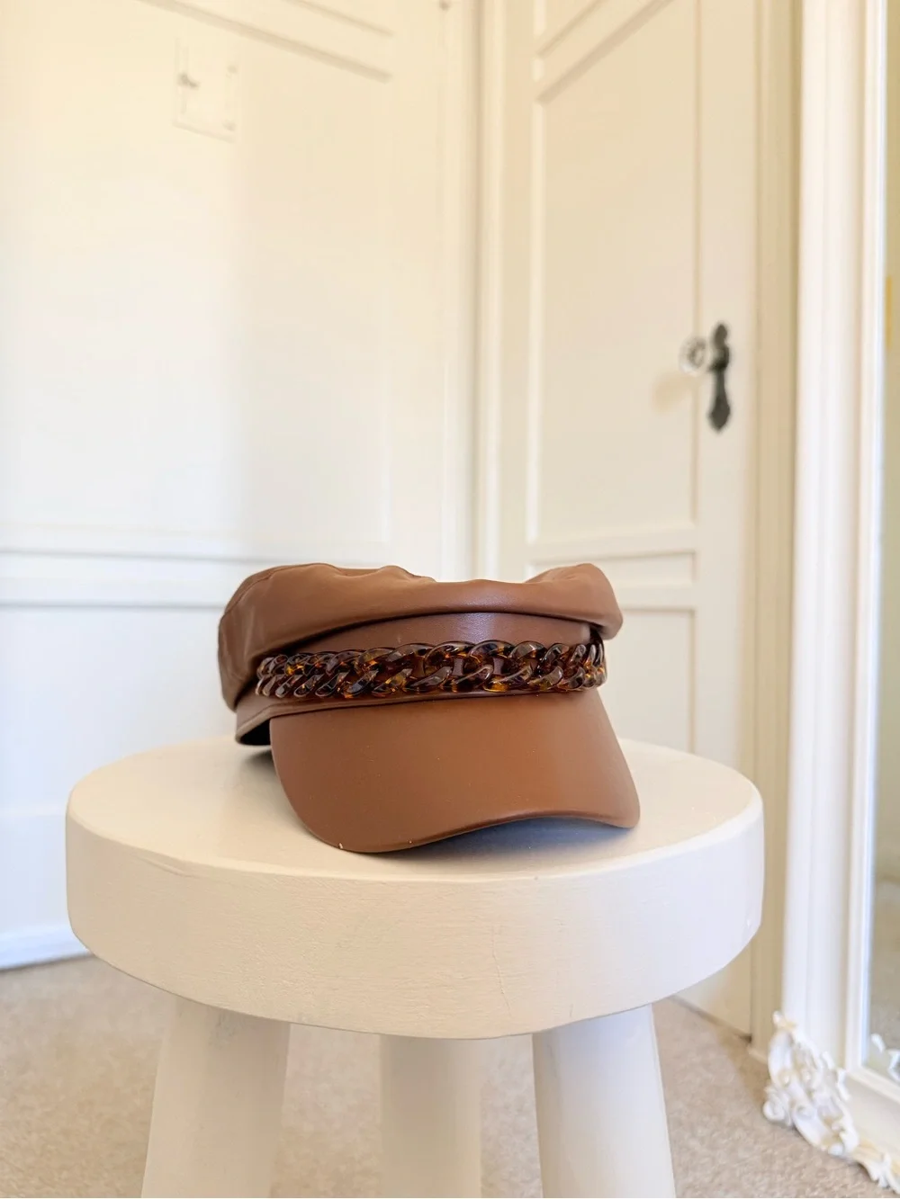 ZARA Brown Faux Leather Baker Boy Hat with Tortoiseshell Chain